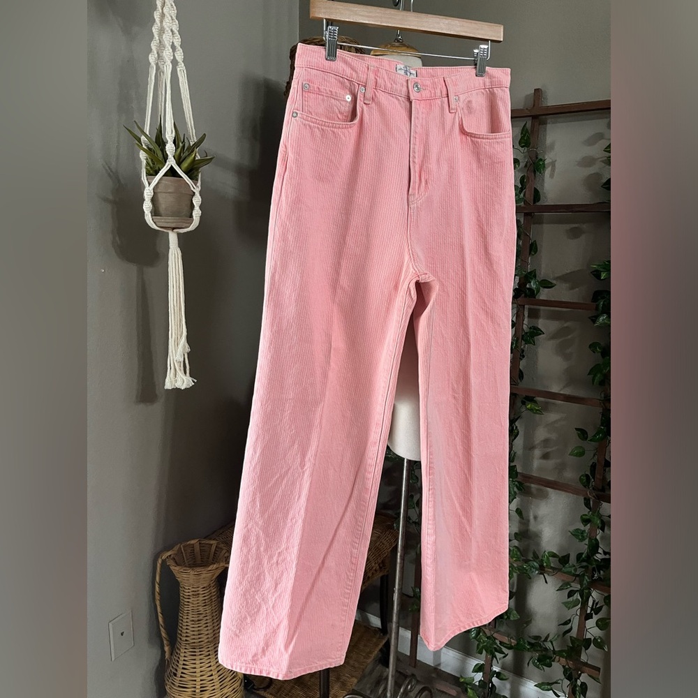 ▪️Free People High Rise Pink Pinstripe Striped Astoria Wide Straight Leg - Picture 3 of 15